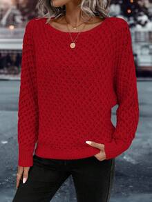 EMERY ROSE Women's Solid Color Minimalist Long Sleeve Sweater, Everyday Wear, Christmas - Red - View 6