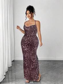 Elenzga Plus Size Women Vintage Sexy Mesh High Slit Drawstring Dress - Multicolor - View 1