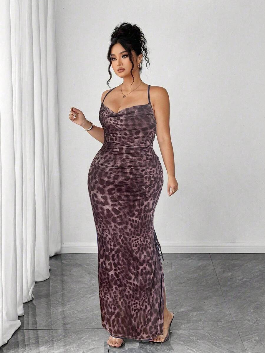 Elenzga Plus Size Women Vintage Sexy Mesh High Slit Drawstring Dress - Multicolor - View 1