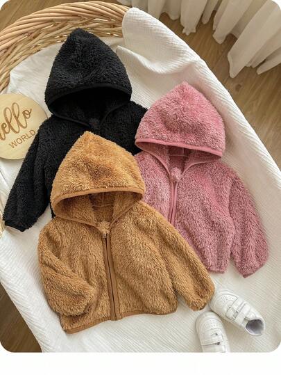 SHEIN 3-Piece Set Of Newborn Baby Girl Cute Solid Color Casual Versatile Fluffy Solid Color Fashionable Fur Lining Plush Hooded Jacket Multi-Piece Set, Versatile Autumn And Winter, Fur Lining Suitable For Autumn And Winter Baby Girl Jacket Cotton Coat, Baby School Team Jacket Cotton Coat, Toddler School Team Jacket Cotton Coat, Cutting-Edge Fashion Design Can Be Worn Indoors And Outdoors, Warm And Fashionable, Buy Two Get One Free, 3-Piece Set Fall