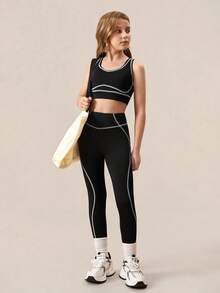 SHEIN Conjunto de ropa deportiva informal para niñas preadolescentes - Diseño de tirantes elásticos, chaleco deportivo negro cómodo y elástico, y pantalones de yoga, adecuado para correr, ciclismo, fitness, baloncesto, fútbol, tenis, bádminton - Negro - Ver 5