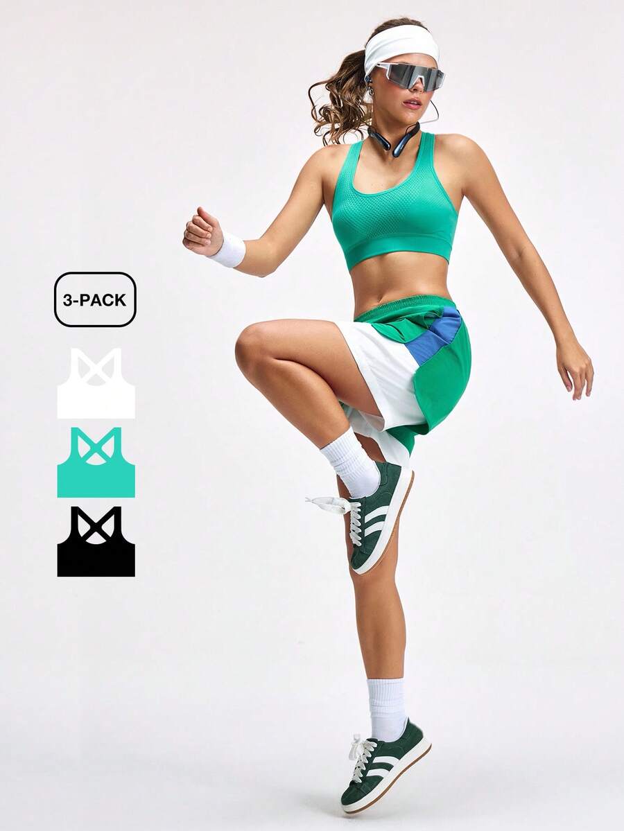 LOUNGEISTA 三件套女士交叉肩带运动文胸瑜伽健身跑步吊带背心可外穿，运动文胸 - 彩色 - 查看 1