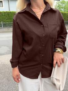 Jeta Ari 女士纯色休闲百搭宽松长袖翻领口袋衬衫，春夏亚麻秋季服装 - 中紫紅色 - 查看 3