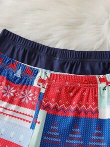 男童圣诞雪人、雪花、鹿针织毛衣套装，采用大胆的红色、海军蓝、浅绿色，搭配鲜艳的拼布印花效果，面料柔软有弹性，长袖上衣和裤子，圣诞节舒适喜庆的装扮 - 彩色 - 查看 8