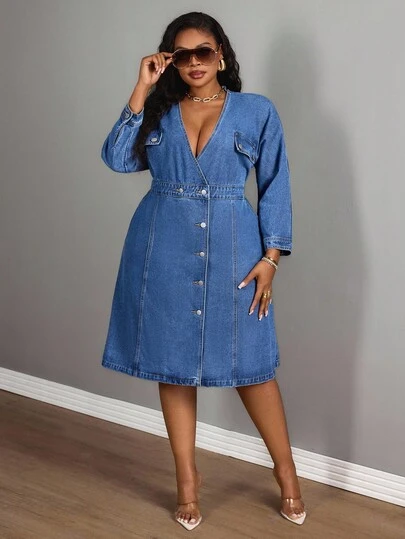 Slaydiva Women's Plus Size Backless Denim Dress With Rear Strap Tie