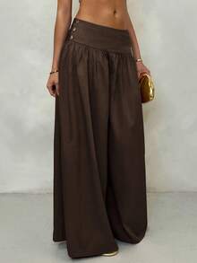 Glamine Vintage Low-Waist Wide Leg Pants, Draped Casual Women's Trousers Brown Pants Brown Wide Leg Pants Wide Pants Skirt Pants