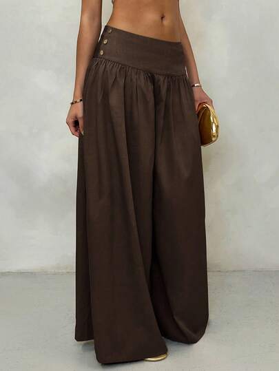 Glamine Vintage Low-Waist Wide Leg Pants, Draped Casual Women's Trousers Brown Pants Brown Wide Leg Pants Wide Pants Skirt Pants