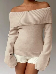 FavEase Suéter de cuello redondo de unicolor - Caqui - Ver 6