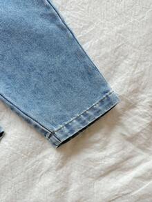 Vintaside Kids Baby Girl Sleeveless Fashionable & Simple Western-Style Towel Embroidered Washed Denim Jumpsuit, Comfortable For Camping And Home Wear, Suitable For Autumn Season - Baby Blue - View 5