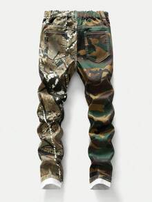 Teen Boys' Y2K Style Tree Camo Washed Denim Jeans, Straight Leg With Frayed Hem, Casual & Cool For School Fall Winter - Army Green - View 2