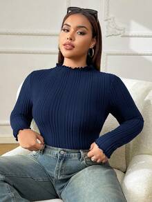 SHEIN EZwear 大码女式休闲百搭海军蓝长袖T恤 - 藏蓝色 - 查看 2