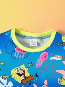 SpongeBob SquarePants | SHEIN 2pcs/Set Young Boy Ocean Pattern Round Neck Long Sleeve Top And Pants Knit Comfortable Casual Stretchy Pajama Set