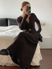 Livesso Women's Autumn Fitted Top And Skirt 2 Pieces Knit Set - Brown - View 6