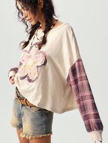 Bohemela Blusas holgadas de punto con parches, cuello redondo y manga larga caída para mujeres