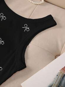 INAWLY Women's Fashion Ribbed Bow Rhinestone Decor Round Neck Camisole - Black - View 5