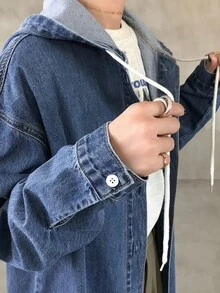 FRIFUL 女式秋季落肩长袖单排扣抽绳连帽长款牛仔夹克