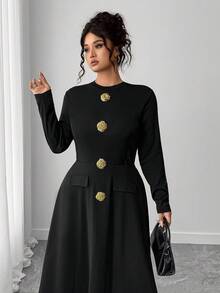 Elenzga Plus Size Women's Metal Buckle Decor Waist Cinched Round Neck Dress, Fashionable Artistic Luxurious Mature Elegant Romantic Dress Fall Cloth For Women - Black - View 6