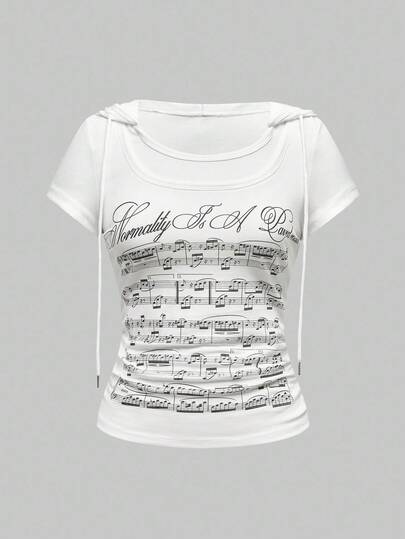 J-Fashion Y2K Retro Millennium Babe Musik-Noten-Muster Kapuzen 2-in-1 Kurzarm Hoodie