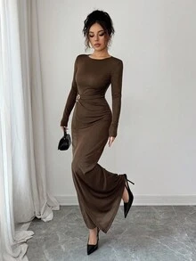 Elenzga Women's Elegant Round Neck Long Sleeve Dress, Polyamide Shiny Chiffon Fabric, High-End Design Waist Metal Buckle Asymmetrical Ruched Splice, Slim Fit Commuting Dress For Autumn - Brown - View 5