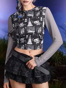 Corpse Bride X SHEIN 女款拼色卡通人物图案修身长袖T恤 - 黑色 - 查看 7