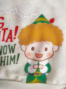 ELF X SHEIN Young Girl Christmas Letter & Cartoon Figure Graphic Crew Neck Long Sleeve Sweatshirt Fall Winter - Multicolor - View 3