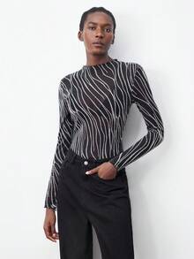 Maija Women's Zebra Print Mesh Round Neck Long Sleeve Bodysuit Fall Clothes For Women Halloween Costumes Cosplay Black Bodysuit - Black - View 7