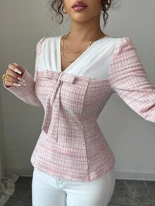 Elenzga Áo cánh tay bồng dáng chữ A thêu họa tiết vải voan cổ chữ V tay phồng thời trang xuân/thu mới của Pháp dành cho nữ - Nhiều màu - Xem 3