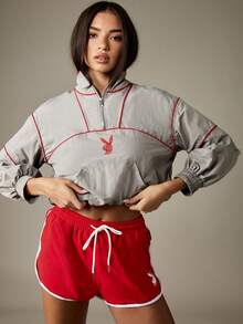 Missguided x Playboy 带有四分之一拉链和兔子标志细节的短款风衣夹克 - 灰色 - 查看 6