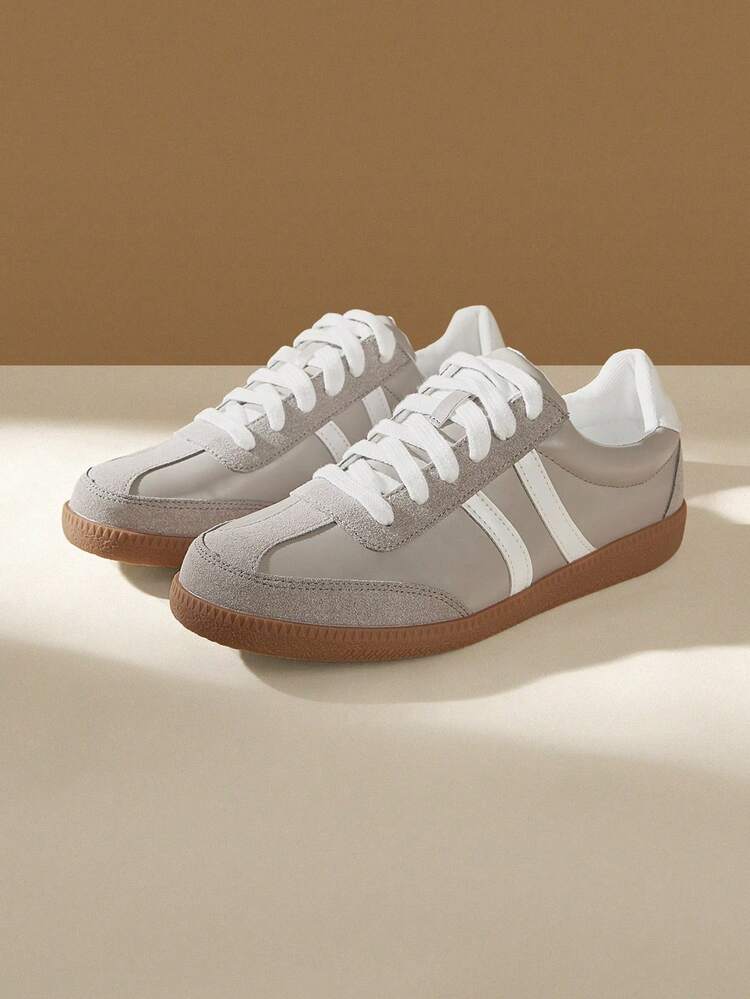 CUCCOO EASI Women's Round Toe Patchwork Design Casual Comfortable PU Leather Flat Athletic Sneakers, Versatile For Daily Casual Wear