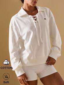 Briarwyn Áo sweatshirt nữ tay dài kiểu dáng thường ngày, đa năng, dây chéo, thêu chữ, thích hợp cho mùa thu, áo len mùa thu, áo sweatshirt trắng phong cách cổ điển dành cho nữ. - trắng - Xem 5