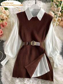 Franclia Women Solid Color Round Neck Side Slit Casual Loose Knit Vest Sweater, Autumn/Winter