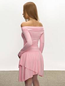 INAWLY Knitted Off Shoulder Sexy Long Sleeve Dress, Cinched Waist, French Elegant Fitted Dress For Women, Spring/Autumn/Winter - Pink - View 2
