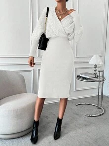 EMERY ROSE Batwing Sleeve Split Hem Wrap Sweater Dress Knitted Co Ord Setknitted Two Pieces Outfitsweater Skirt Setsweater Two Pieces Setwinter Two Pieces Set Elegant Knit Dress Long Sleeve Knit Dress Cream Knit Dress Cable Knit Dress White Knit Dress - White - View 3