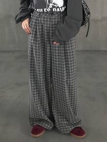 FRIFUL 女式灰色格子面料直筒百褶宽松休闲百搭长裤，秋季 - 黑色 - 查看 4