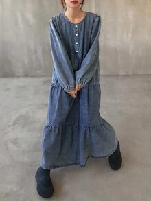 FRIFUL 女式宽松休闲牛仔长袖连衣裙 - 藍色 - 查看 1