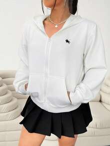 SHEIN EZwear Plus Size Women White Casual Hooded Zip-Up Sweatshirt White Zip Up Hoodie,Fall Clothes For Women Winter Autumn