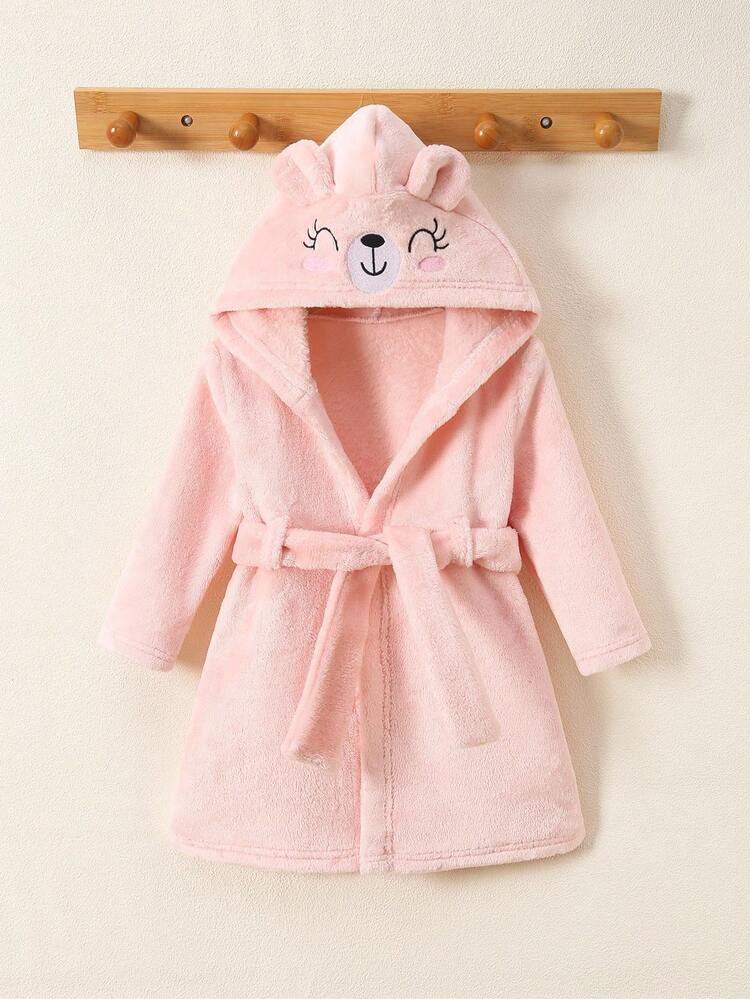 SHEIN Playful Pals Roupão de Malha Fofo e Casual para Recém-Nascidos, Cor Sólida, com Capuz, Manga Longa, Decoração de Orelha e Bordado de Rosto Sorridente, Aberto na Frente com Cinto, Macio e Confortável - Rosa Bebê - Visão 2