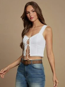 WESTFADE 100% 纯棉 V 领蝴蝶结前襟褶饰后背修身无袖飘逸背心可爱夏季上衣 - 白色 - 查看 4