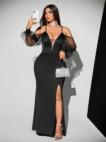 Viva Relle Plus Size Spaghetti Strap Off Shoulder Split Sexy Fashion Versatile Dress - Black - View 4