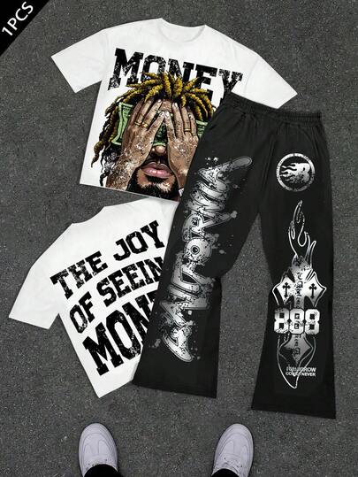 SHEIN Bolty Tween Boy Casual Minimalist Y2K Style Graffiti Graphic Hiphop Portrait Star Pattern English Letter Sports Crew Neck T-Shirt And Flare Pants 2 Pieces Set, Suitable For Summer