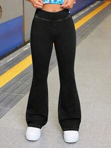 SHEIN Teen Girl Fashion Casual Blue Denim Daily Exercise Basics Stretch Slim Flared Jeans For Girls Soft Dailywear And The Four Seasonsr Teen Girl Clothes Flare Jeans Flare Leg Pants Fall Winter - Black - View 3