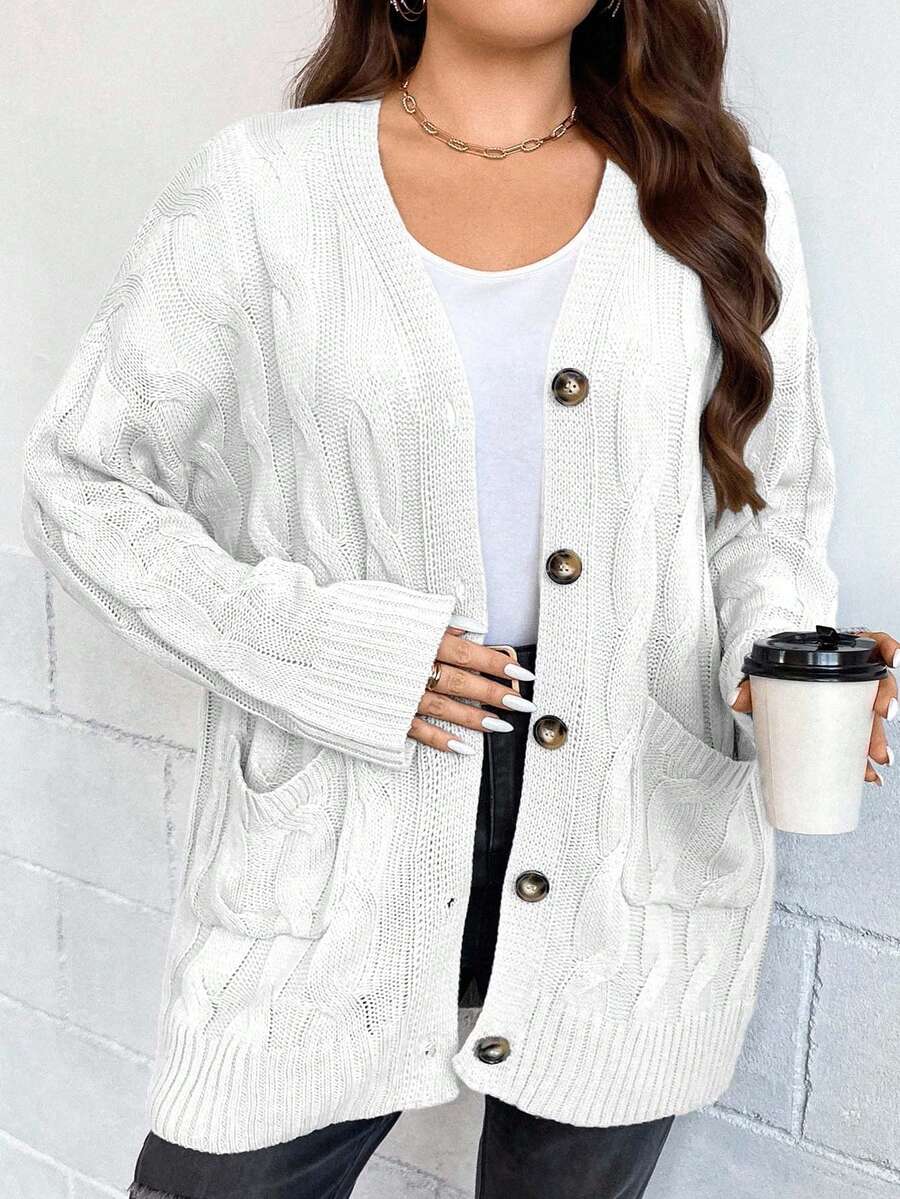 SHEIN Cottnline 秋季大码休闲纯色双口袋开衫 - 白色 - 查看 1