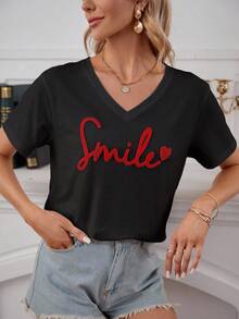 SHEIN Cottnline Cotton Heart & Letter Pattern Drop Shoulder Tee , Summer Vacation Top - Black - View 4