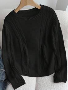 SHEIN TEENGIRL 黑色圆领宽松麻花针织毛衣，休闲学院风简约针织短款麻花针织毛衣短款毛衣 Y2k 毛衣长袖短款上衣黑色短款毛衣短款开衫少女服装 Y2k 青少年夏装毛衣短款针织上衣粗针织毛衣秋冬黑色针织上衣 - 黑色 - 查看 2