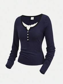 Girlism Teen Girls Navy Blue Ribbed Long Sleeve Mock Neck Contrast Trim Button Design Tight Fit Turtleneck Top And Wide Leg Pleated Pants Casual Street Chic Two Pieces Set Fall Winter