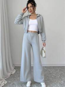 SHEIN 3pcs Women Casual Minimalist Camisole, Short Zip-Up Hoodie, And Wide Leg Pants Set, Suitable For Daily Wear Women Casual Set Woman Set Outfit Monochromatic Outfit Women Grey Casual Set Outfit Women Cropped Hoodie And Sweatpants Set Casual Loungewear Set Grey Two Pieces Set Fall Cloth For Women