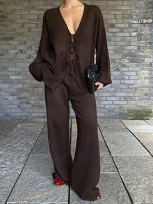 Livesso Women's V-Neck Tie Waist Loose Knit Sweater And Pants 2 Pieces Set, Autumn - Coffee Brown - View 3