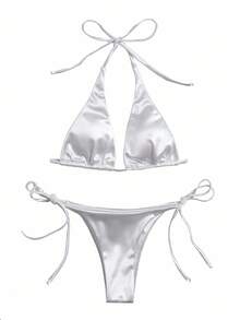 Swim Basics Summer Beach Solid Triangle Tie Side Bikini Set - White - View 4