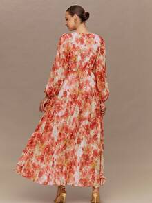 Enchnt Women's Floral Print Deep V-Neck Lantern Sleeve Waist Ruched Elegant Dress - Yellow - View 7