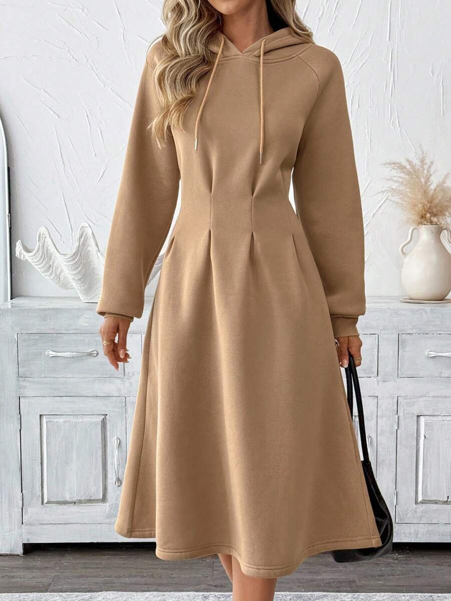 SHEIN LUNE Women's Casual Cinched Waist Hoodie Dress,Long Sleeve Camel Beige Hooded For Autumn Winter Occasion,Chic Country Style Fall Party Brunch Clothes - Brown - View 1